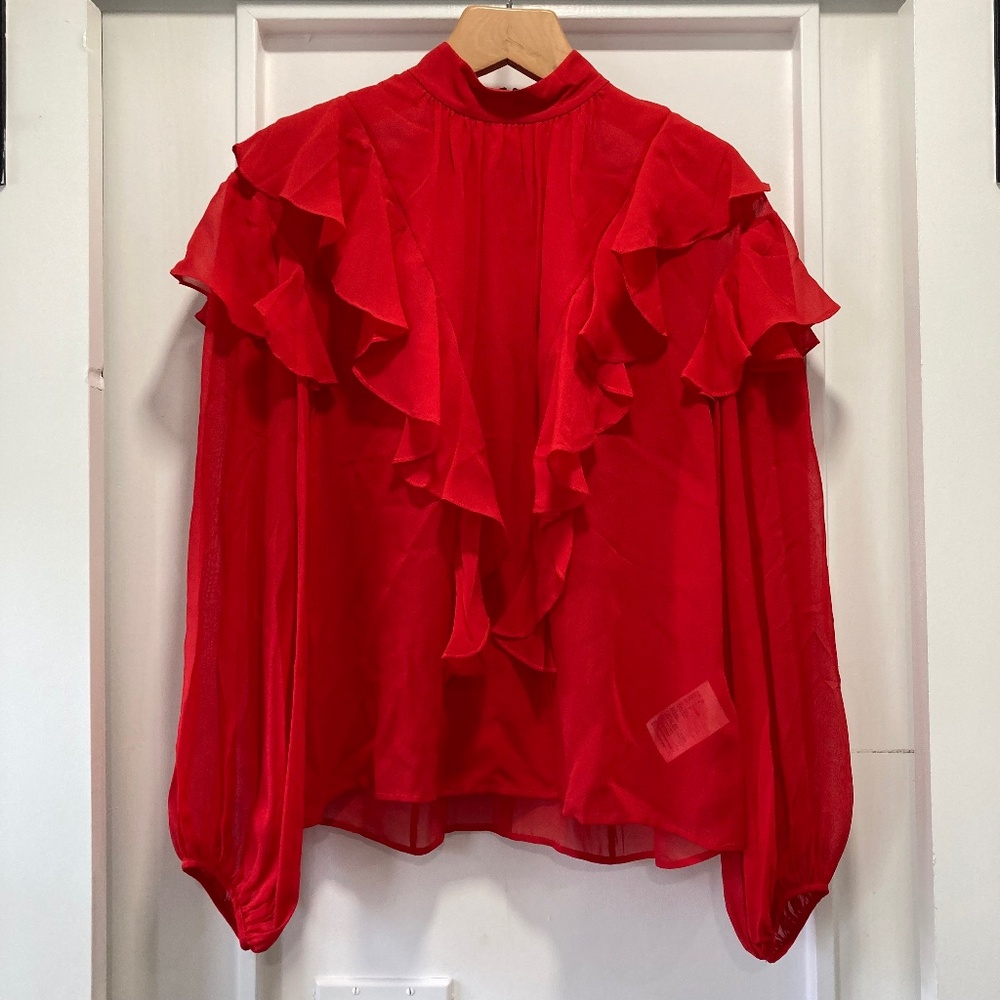 GIAMBATTISTA VALLI x H&M Red Silk Chiffon Ruffle Blouse Shirt Size 4